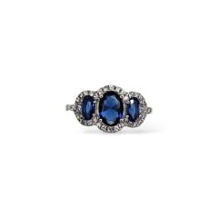 Safir Renk Oval Form Üç Taş Zirkon Taşlı Gümüş Yüzük - 10 No
