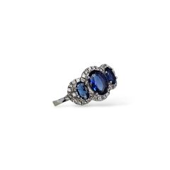 Safir Renk Oval Form Üç Taş Zirkon Taşlı Gümüş Yüzük - 10 No