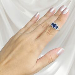 Safir Renk Oval Form Üç Taş Zirkon Taşlı Gümüş Yüzük - 10 No