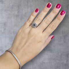 Safir Detaylı Çiçek Model Zirkon Taşlı Gümüş Yüzük - 11 No