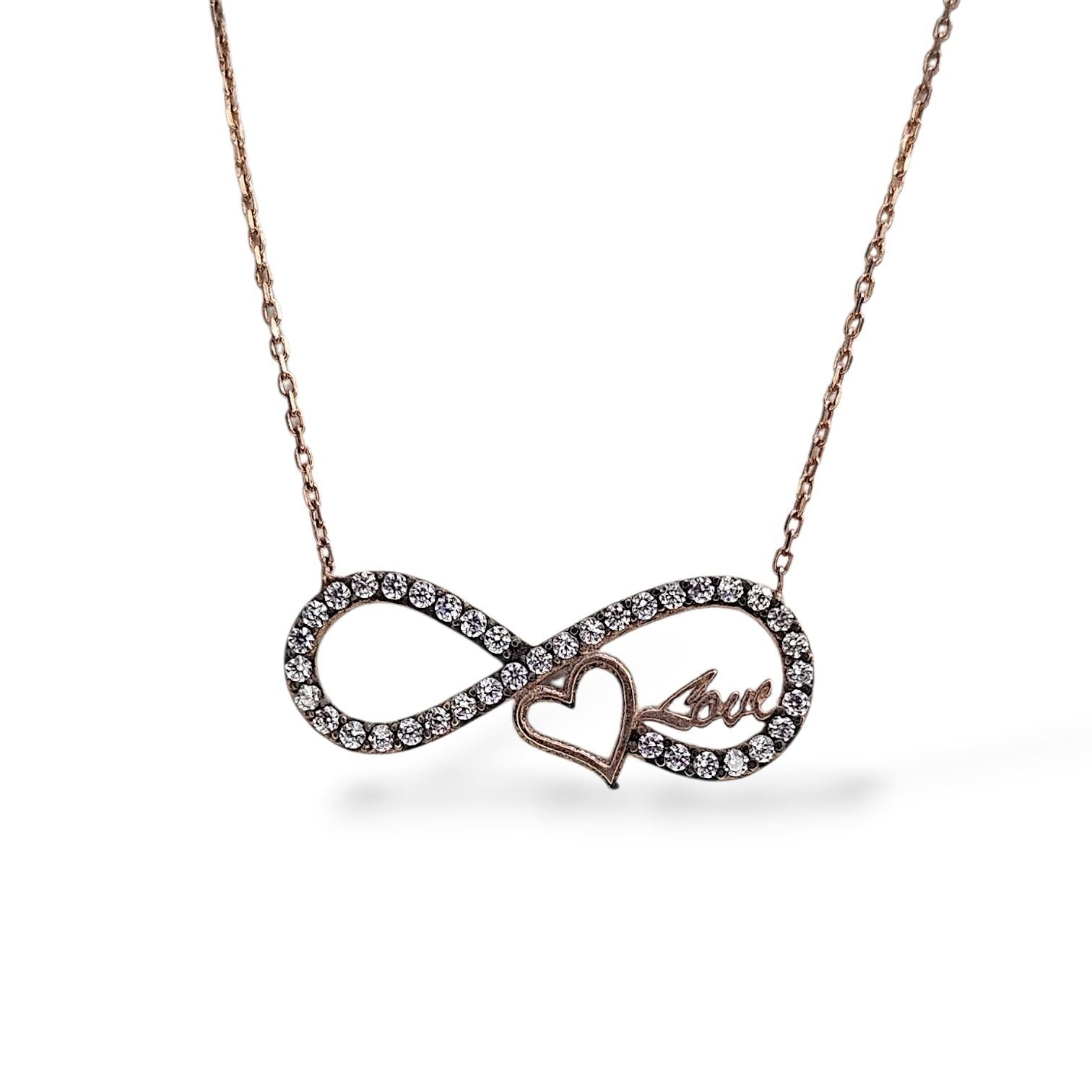 Love Yazılı Sonsuzluk Model Rose Kaplama Gümüş Kolye