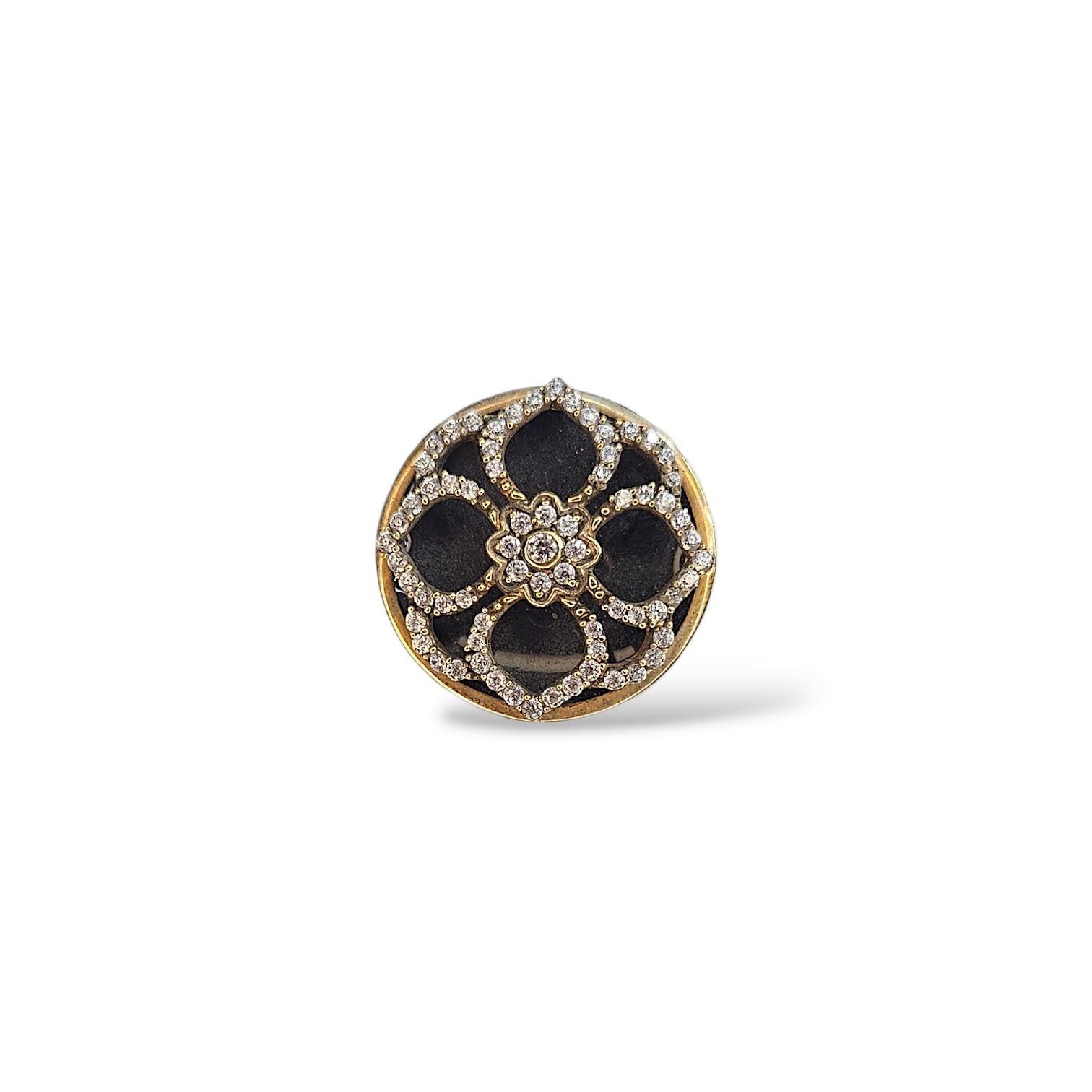 Siyah Arka Taş Ön Taraf Zirkon Taş Çiçek Model Altın Kaplama Gümüş Yüzük - 13 no