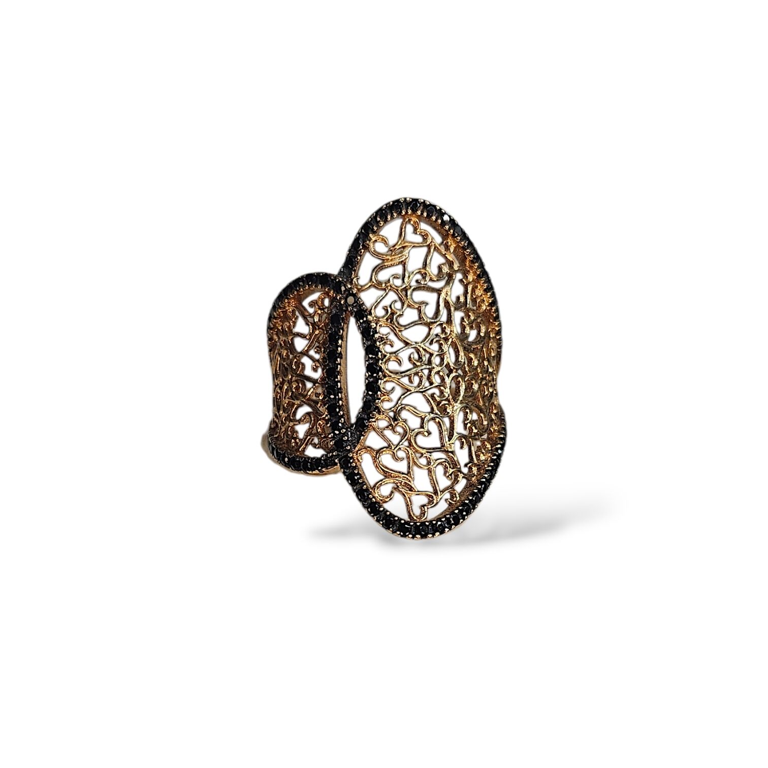 Siyah Zirkon Taşlı Kalp Detay Rose Kaplama Gümüş Yüzük - 18 no