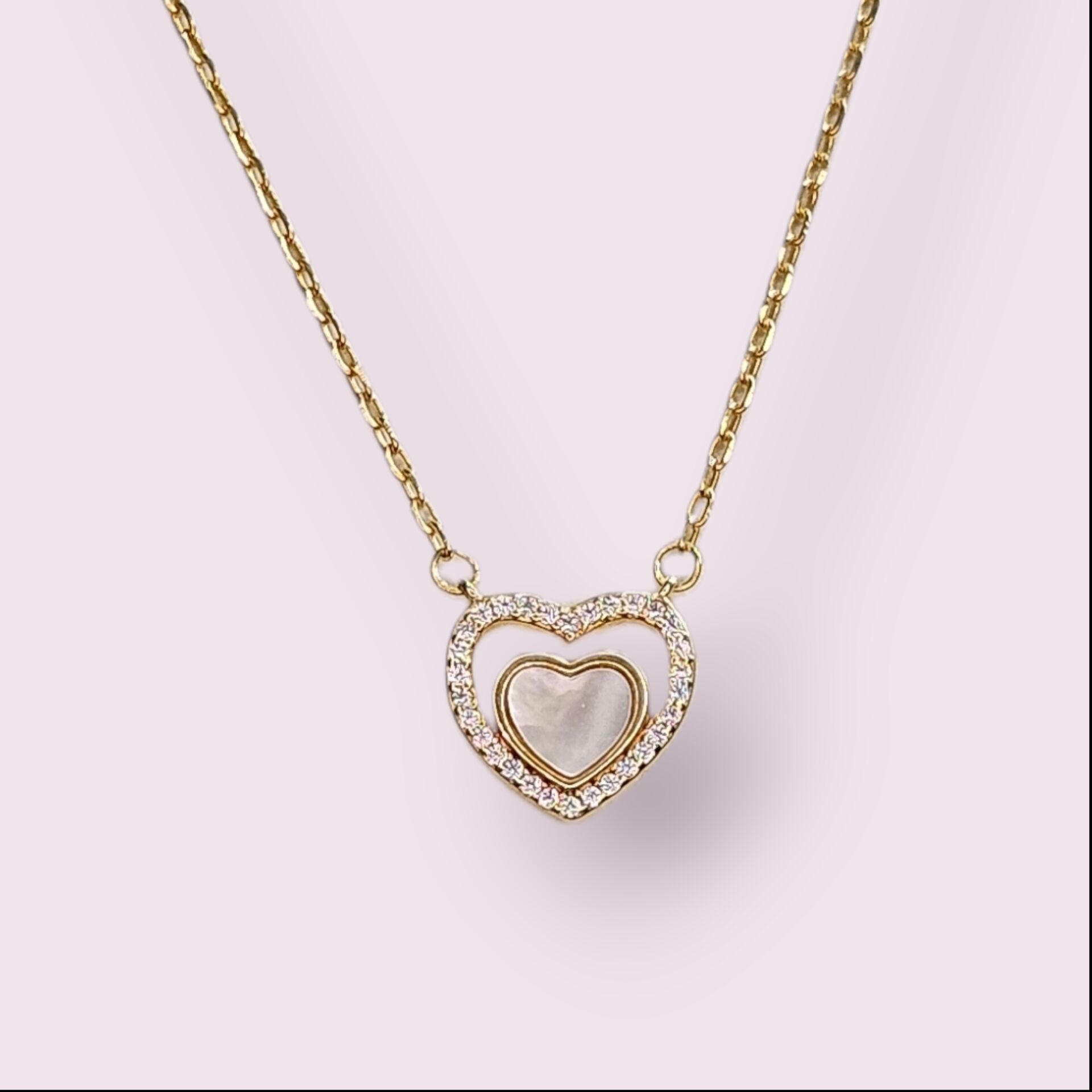 14K Altın Kaplama Kalp Model Sedef-Zirkon Taş Gümüş Kolye