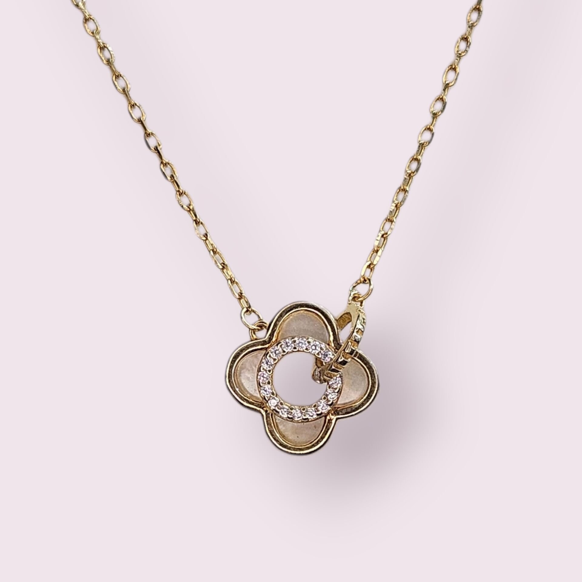 14K Altın Kaplama Çiçek Model Sedef- Zirkon Taşlı Gümüş Kolye