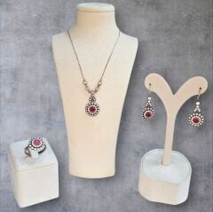 Elmas Model Yakut Taş Gümüş Set