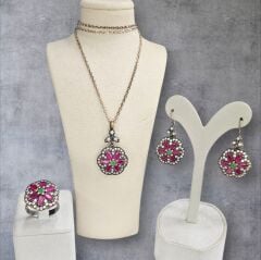 Elmas Kesim Yakut Renk Çiçek Model Gümüş Set