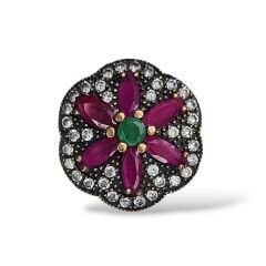 Elmas Kesim Yakut Renk Çiçek Model Gümüş Set