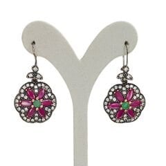 Elmas Kesim Yakut Renk Çiçek Model Gümüş Set