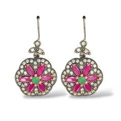 Elmas Kesim Yakut Renk Çiçek Model Gümüş Set