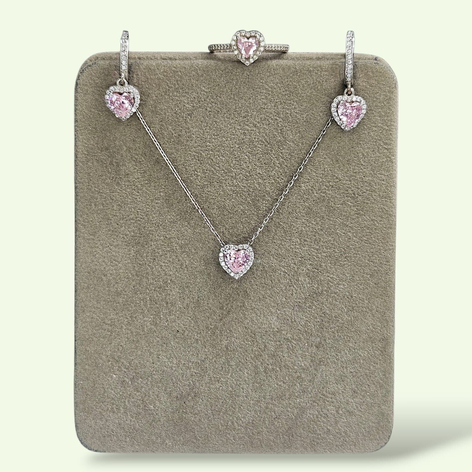 Kalpli Pembe Kuvars Pırlanta Montörlü Gümüş Kolye Küpe Yüzük Set