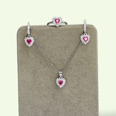 Yakut Renk Kalpli Pırlanta Montür Gümüş Kolye Küpe Yüzük Set