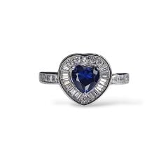 Safir Renk Kalpli Pırlanta Montür Gümüş Kolye Küpe Yüzük Set