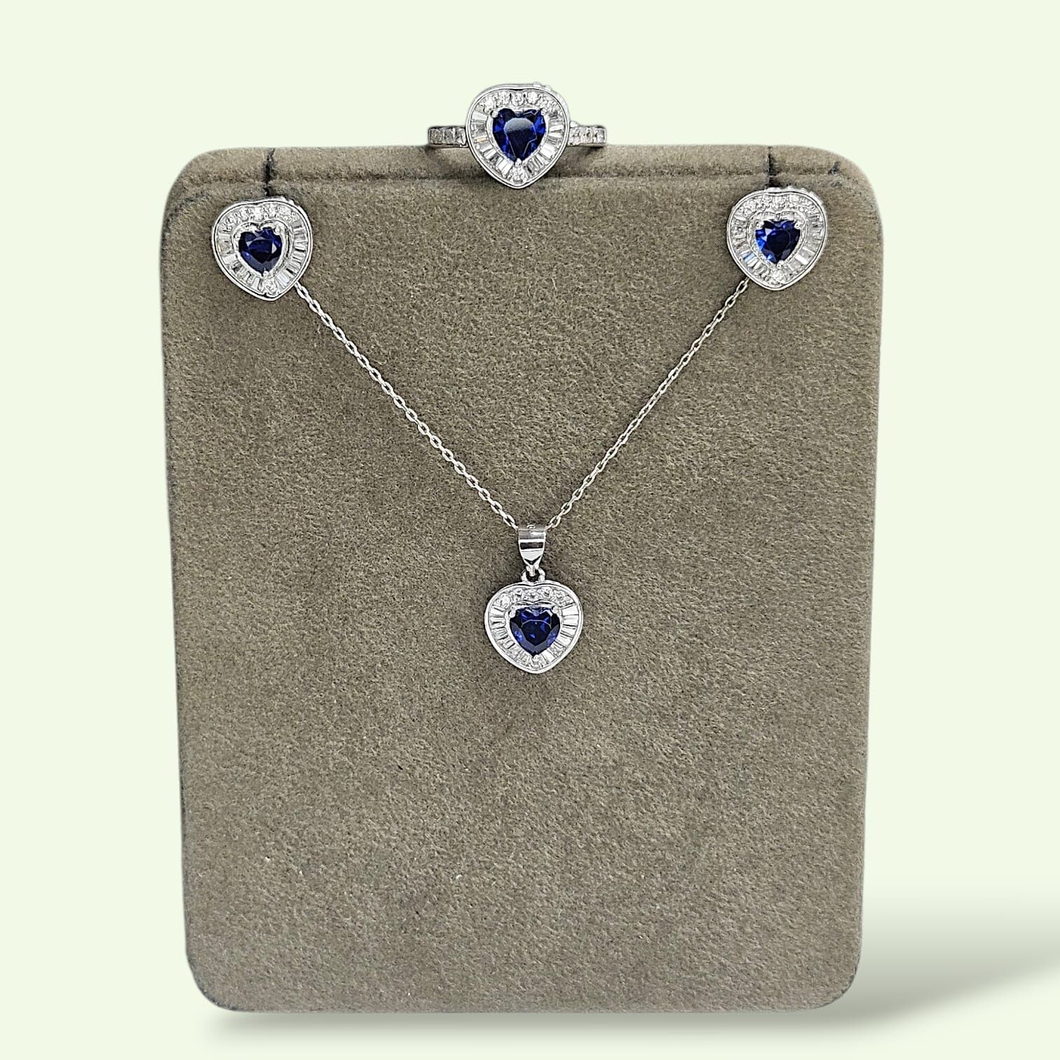 Safir Renk Kalpli Pırlanta Montür Gümüş Kolye Küpe Yüzük Set