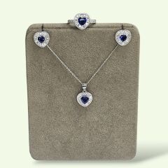 Safir Renk Kalpli Pırlanta Montür Gümüş Kolye Küpe Yüzük Set