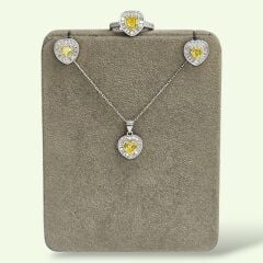 Sarı Kuvars Kalpli Pırlanta Montür Gümüş Kolye Küpe Yüzük Set