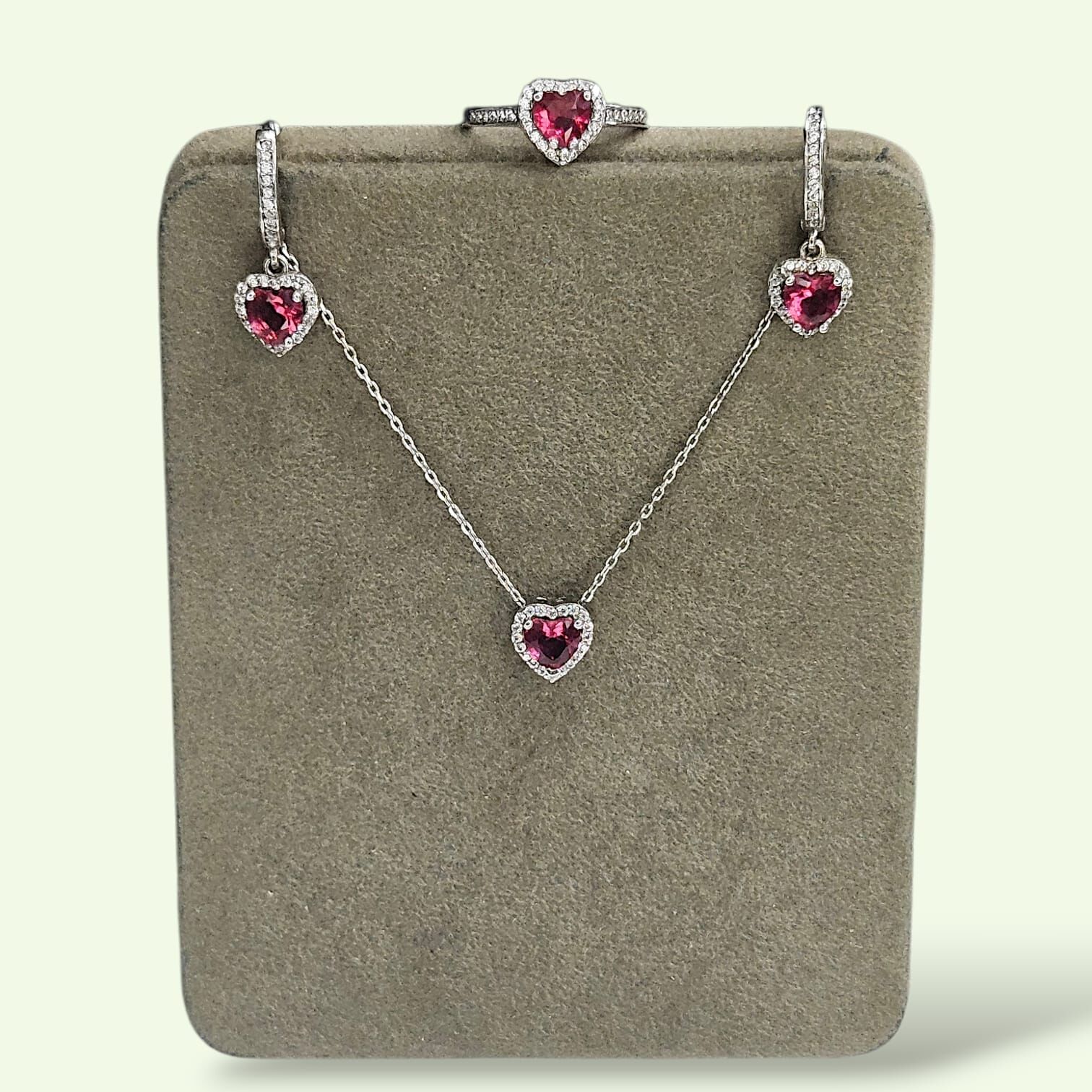 Yakut Renk Kalpli Pırlanta Montür Gümüş Kolye Küpe Yüzük Set