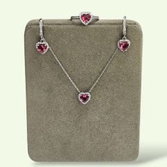 Yakut Renk Kalpli Pırlanta Montür Gümüş Kolye Küpe Yüzük Set