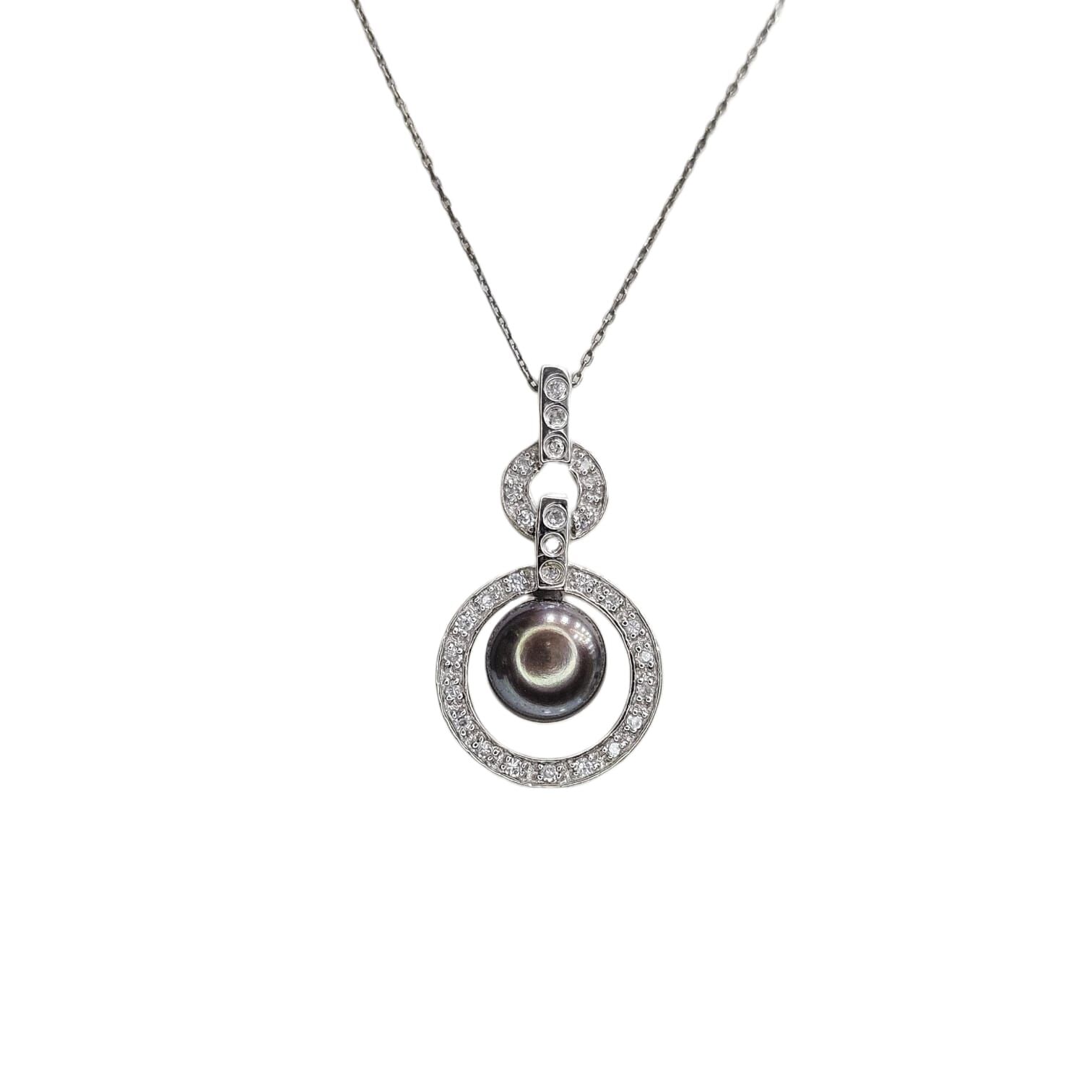 Ortası Siyah İnci Zirkon Taşlı Gümüş Kolye