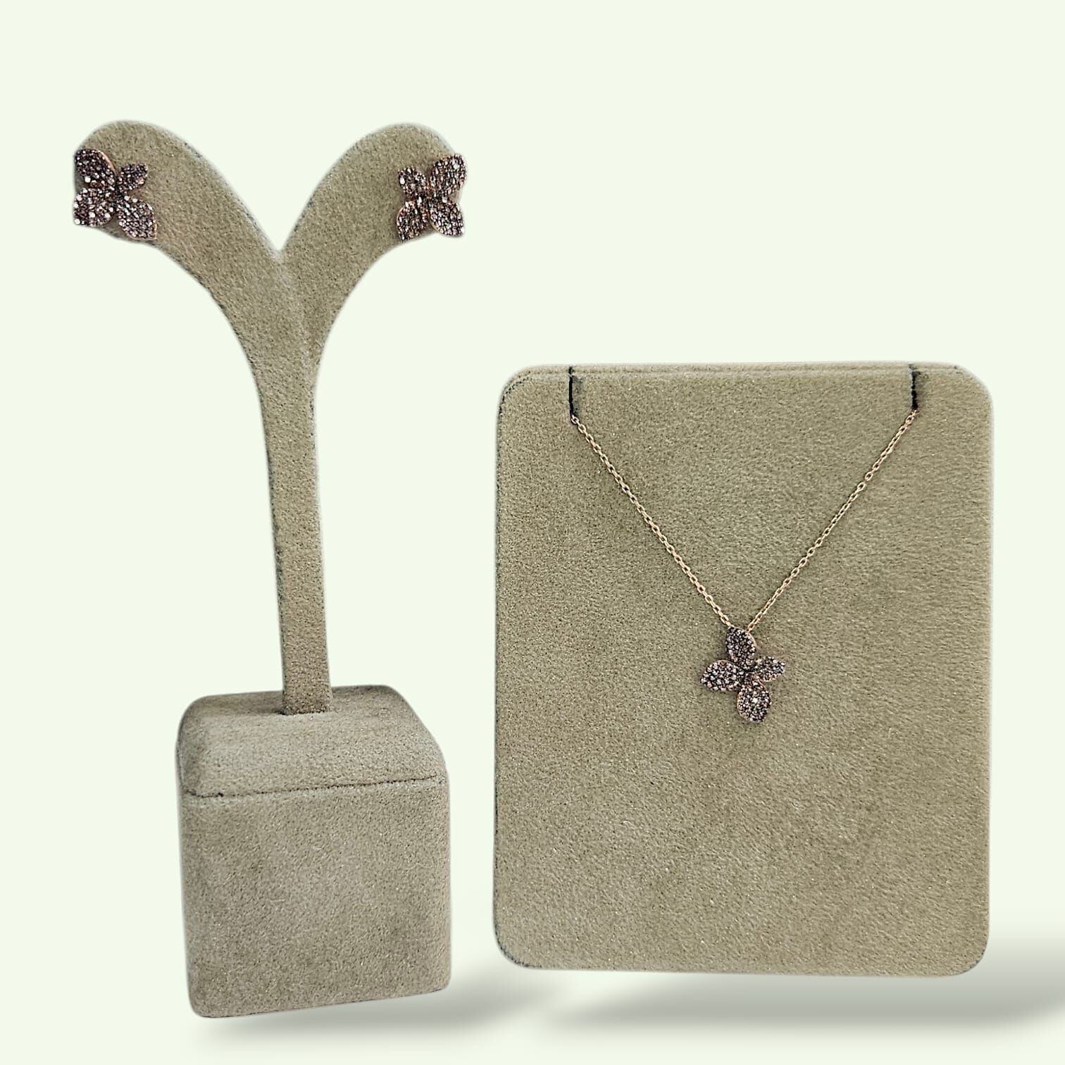 4 Yapraklı Yonca Model Rose Kaplama Taşlı Gümüş Kolye Küpe Takım