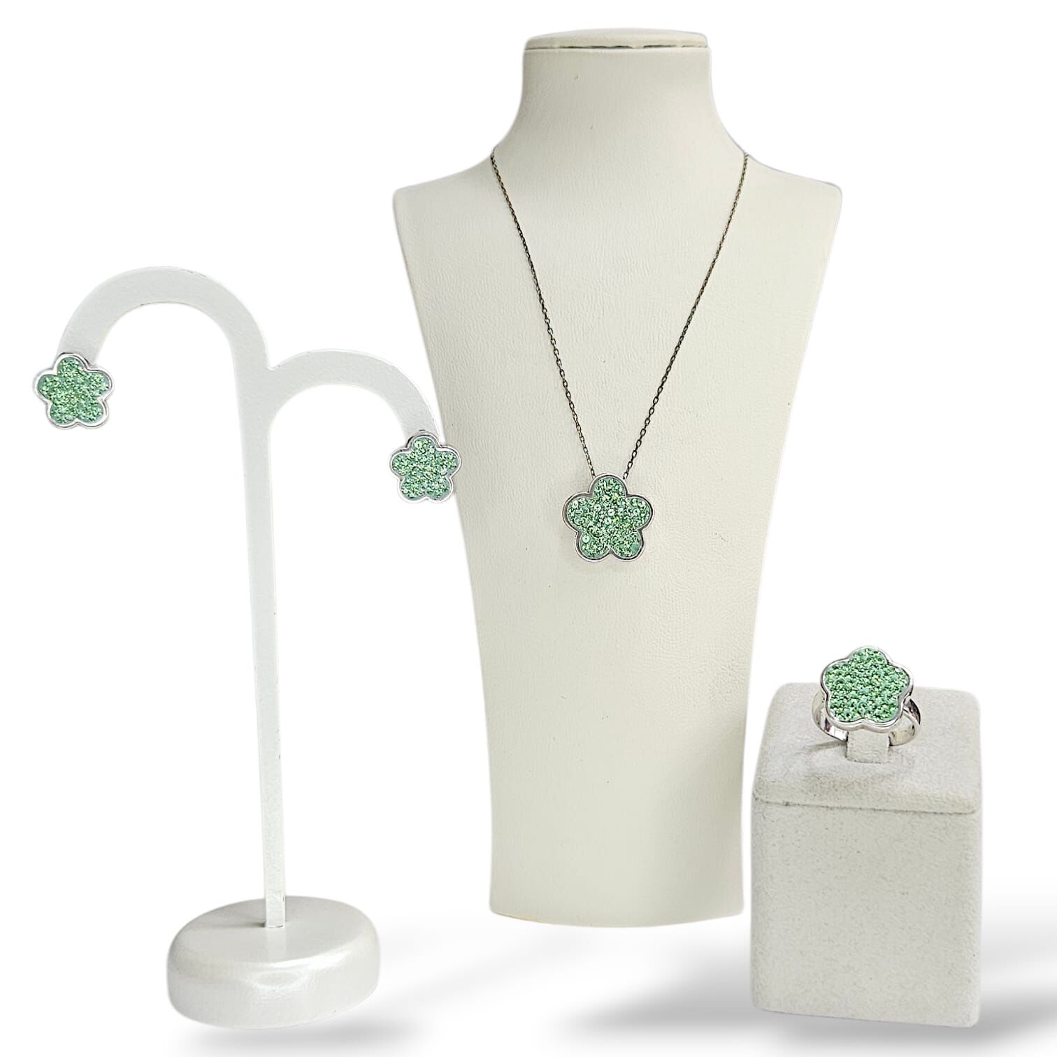 Çiçek Model Yeşil Taşlı Gümüş Set