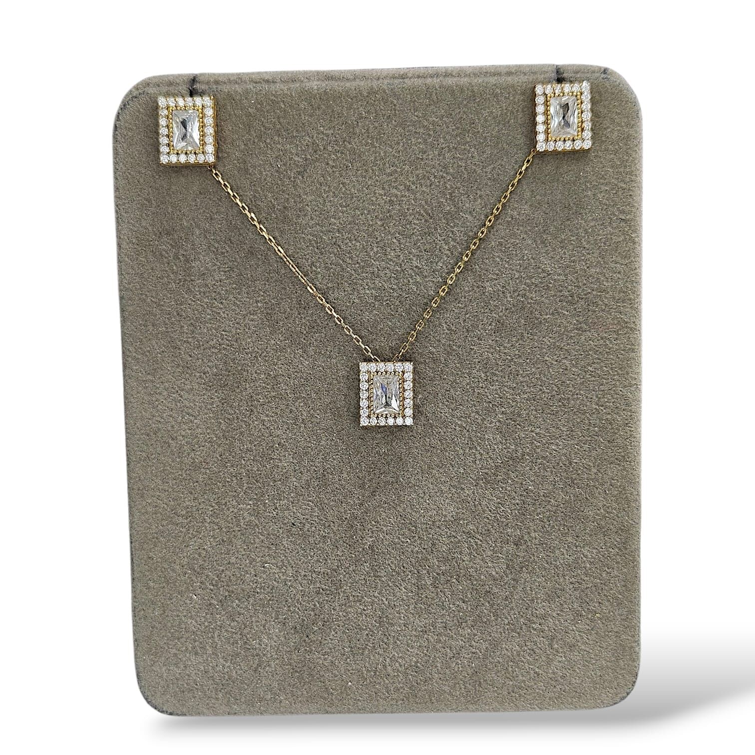 14 Ayar Altın Kaplama Baget Model Taşlı Gümüş Kolye Küpe Takım