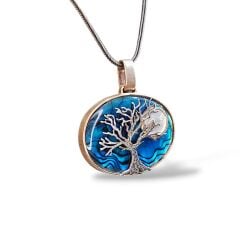 Okyanus Sedefi Doğal Taş Hayat Ağacı Figürlü Sedef Taş Detay Gümüş Kolye