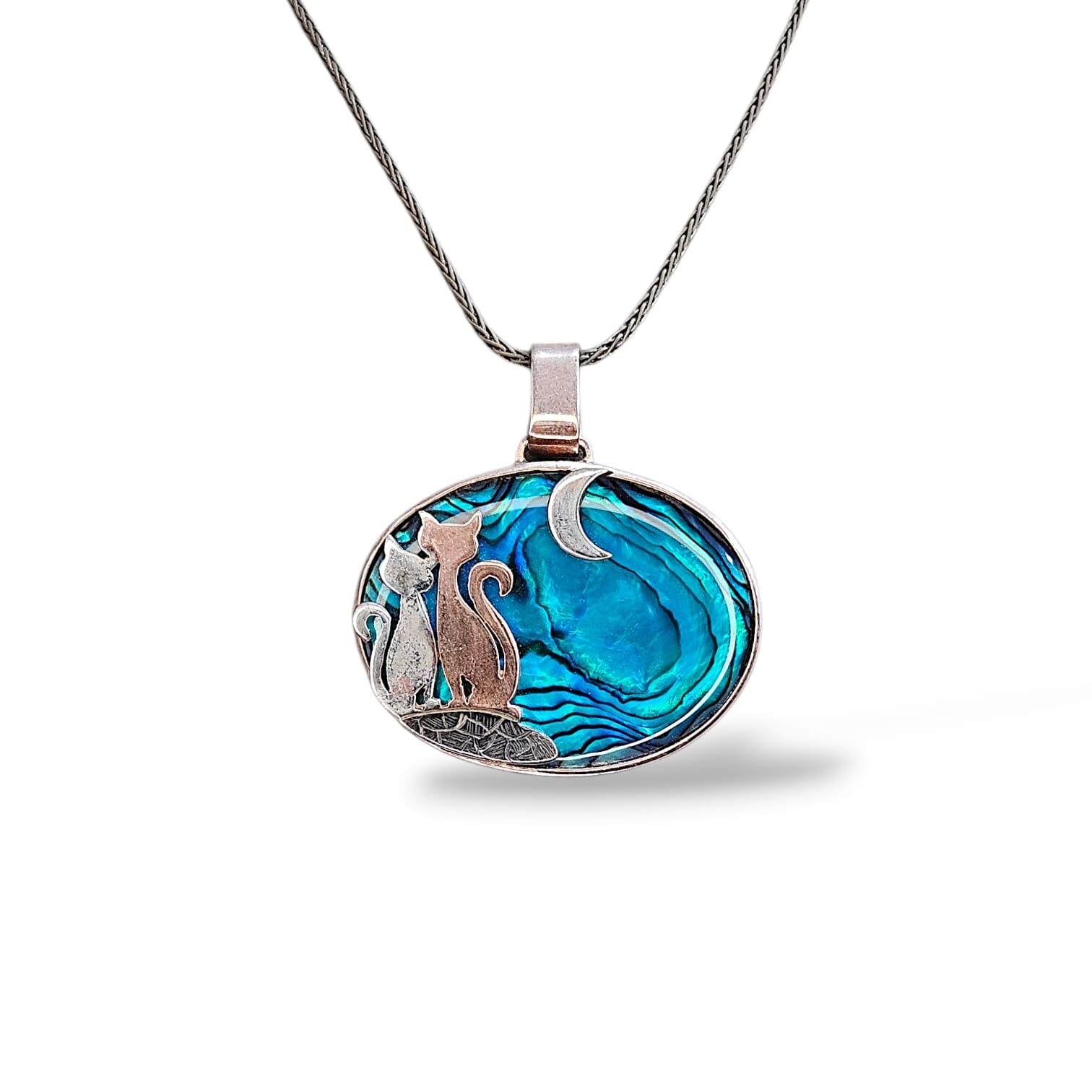 Okyanus Sedefi Doğal Taş Kedi Figürlü Gümüş Kolye