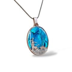 Okyanus Sedefi Doğal Taş Kız Kulesi Figürlü Gümüş Kolye