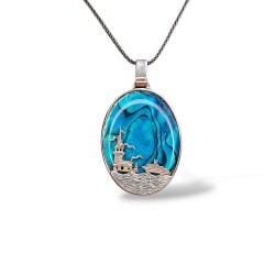 Okyanus Sedefi Doğal Taş Kız Kulesi Figürlü Gümüş Kolye