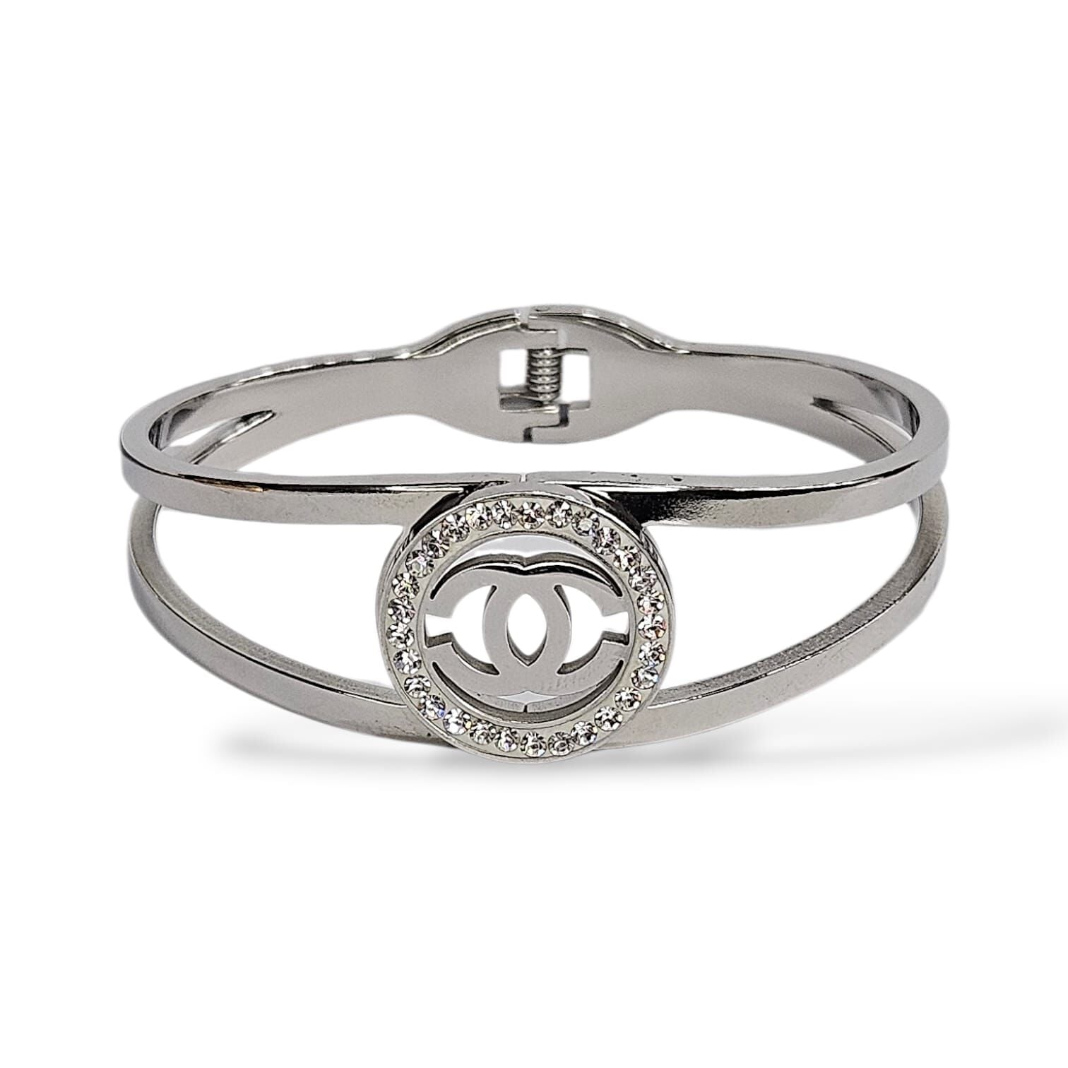 Gümüş-Rose/Altın Karışım Rengi Taşlı Kararmaz Çelik Kelepçe Bileklik