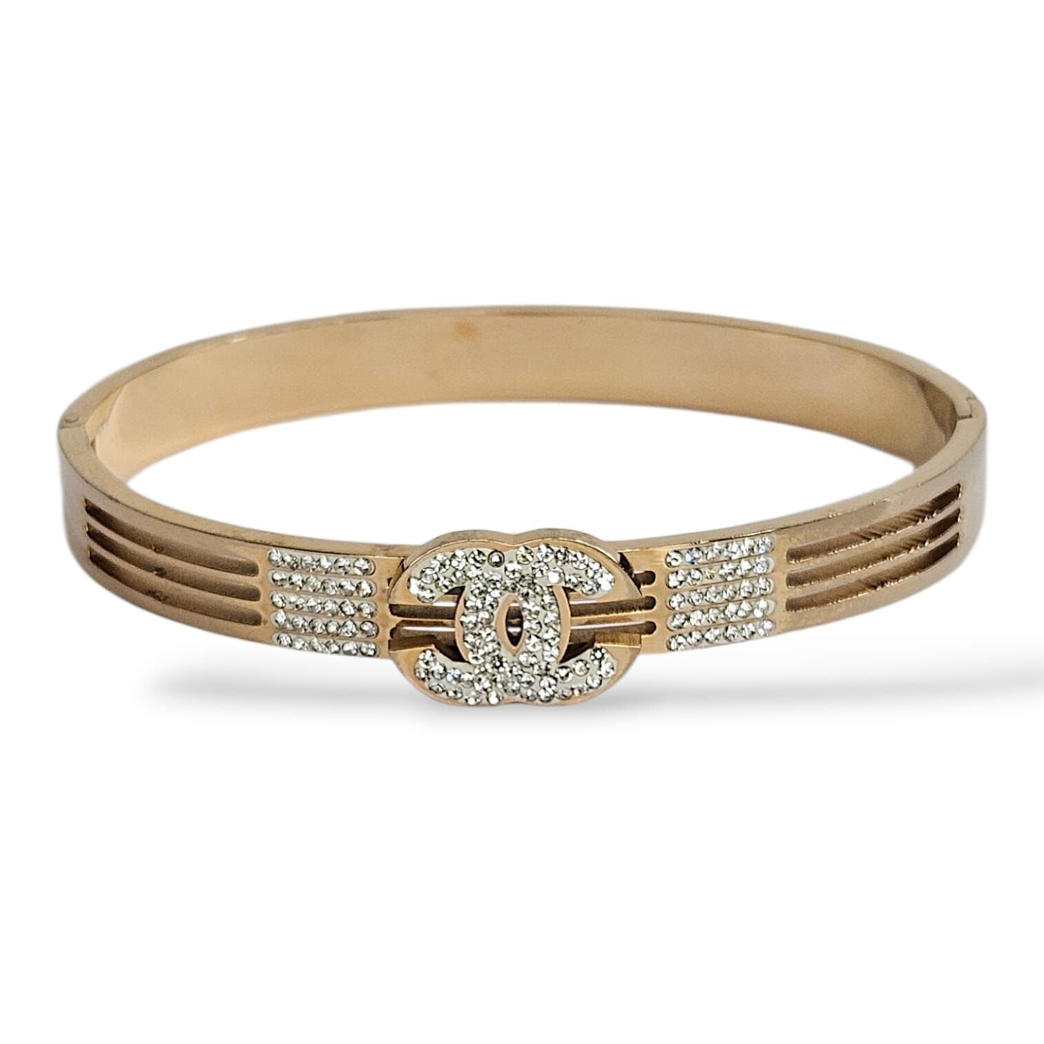 Taşlı 18K Altın Kaplama Kararmaz Çelik Kelepçe Bileklik