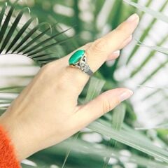 Malakit Doğal Taş Yan Detay Melek Gümüş Yüzük - 19 no