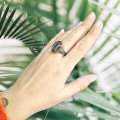 Obsidyen Doğal Taş Yan Detay Tüy Gümüş Yüzük - 17 no