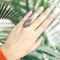 Kehribar Doğal Taş Tasarım Gümüş Yüzük - 16 no