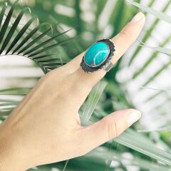 Firuze Doğal Taş Otantik Tasarım Gümüş Yüzük - 14 no