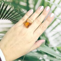 Kehribar Doğal Taş Gümüş Yüzük - 16 no