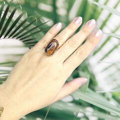 Kehribar Doğal Taş Ayarlanabilir Gümüş Yüzük