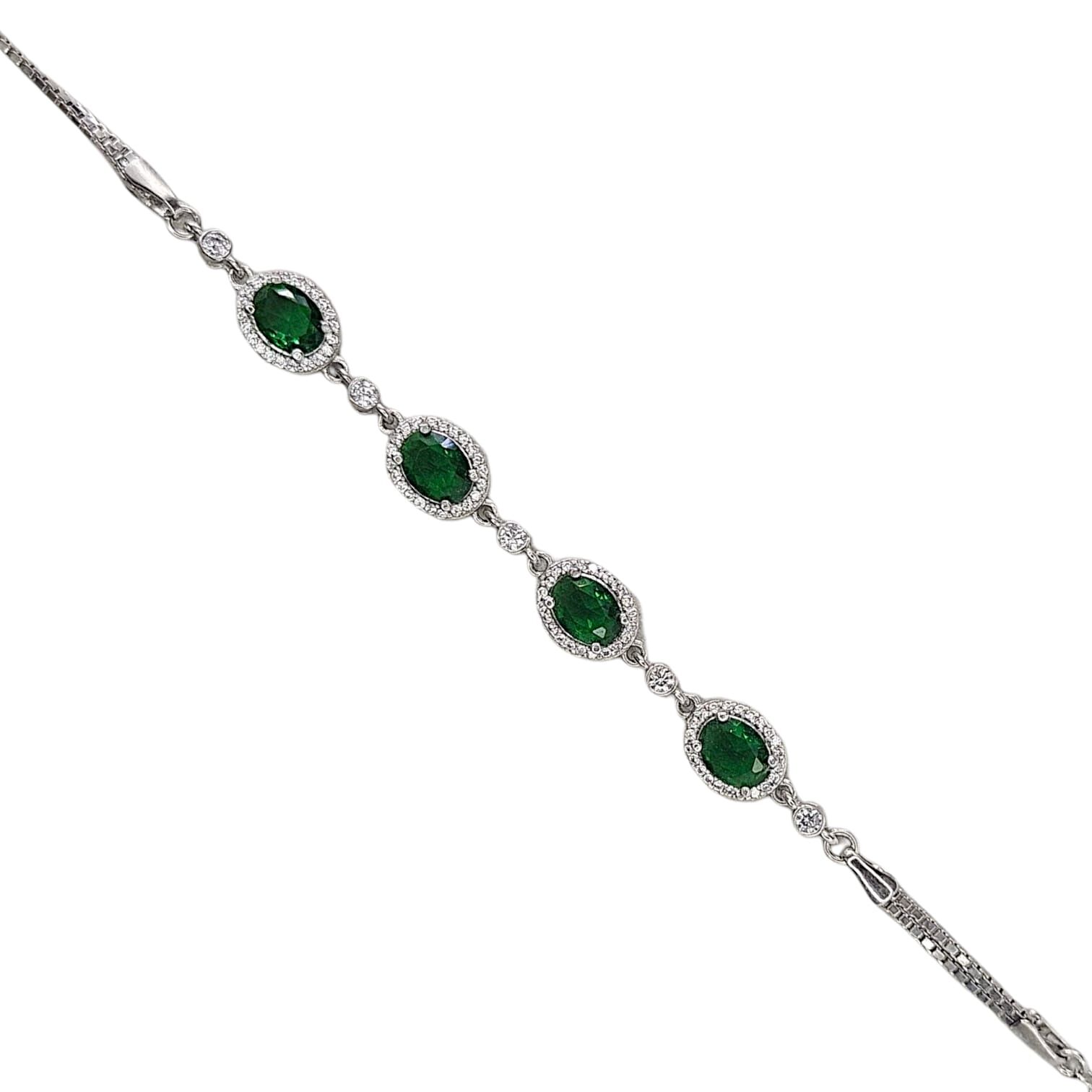 Oval Taşlı Zümrüt Renk Gümüş Bileklik