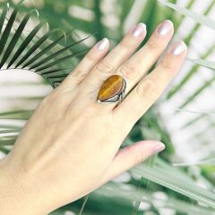 Kehribar Doğal Taş Tasarım Gümüş Yüzük - 15 no