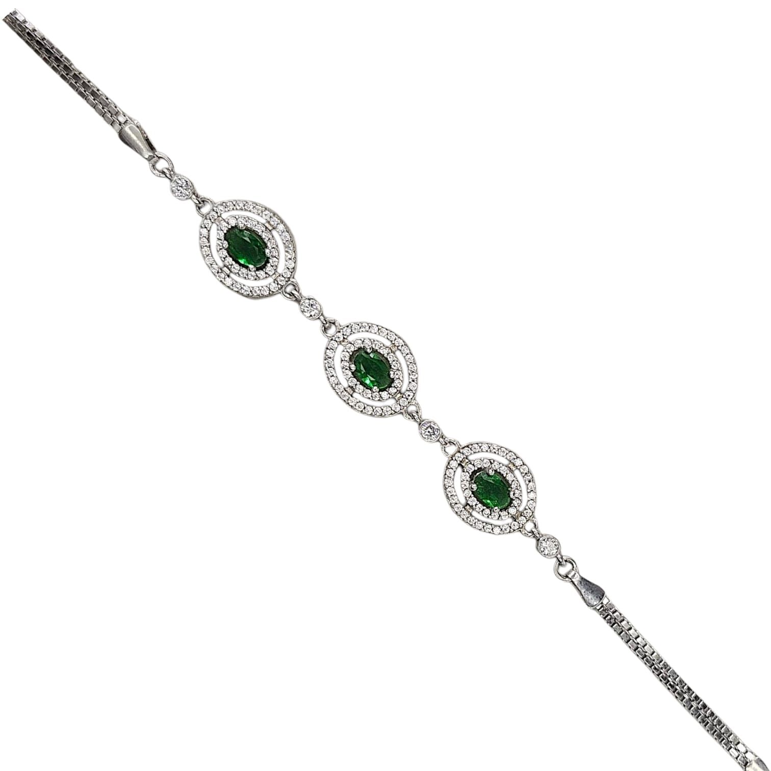 Oval Taşlı Zümrüt Renk Gümüş Bileklik