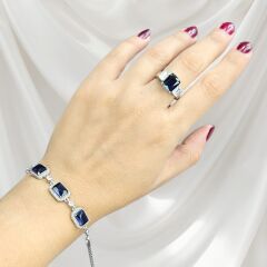 Safir Renk Taş Baget Form  Gümüş Bileklik