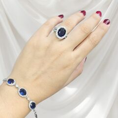 Safir Renk Taşlı Oval Form Gümüş Bileklik