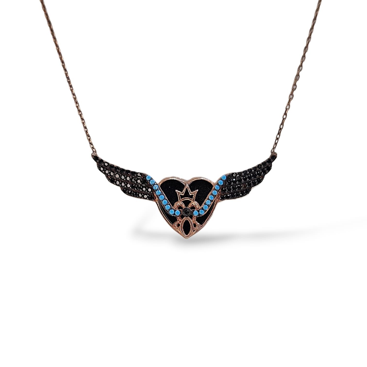 Kanat Model Siyah Zirkon Taş Rose Kaplama Gümüş Kolye