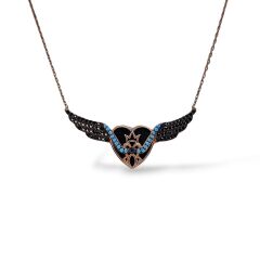 Kanat Model Siyah Zirkon Taş Rose Kaplama Gümüş Kolye