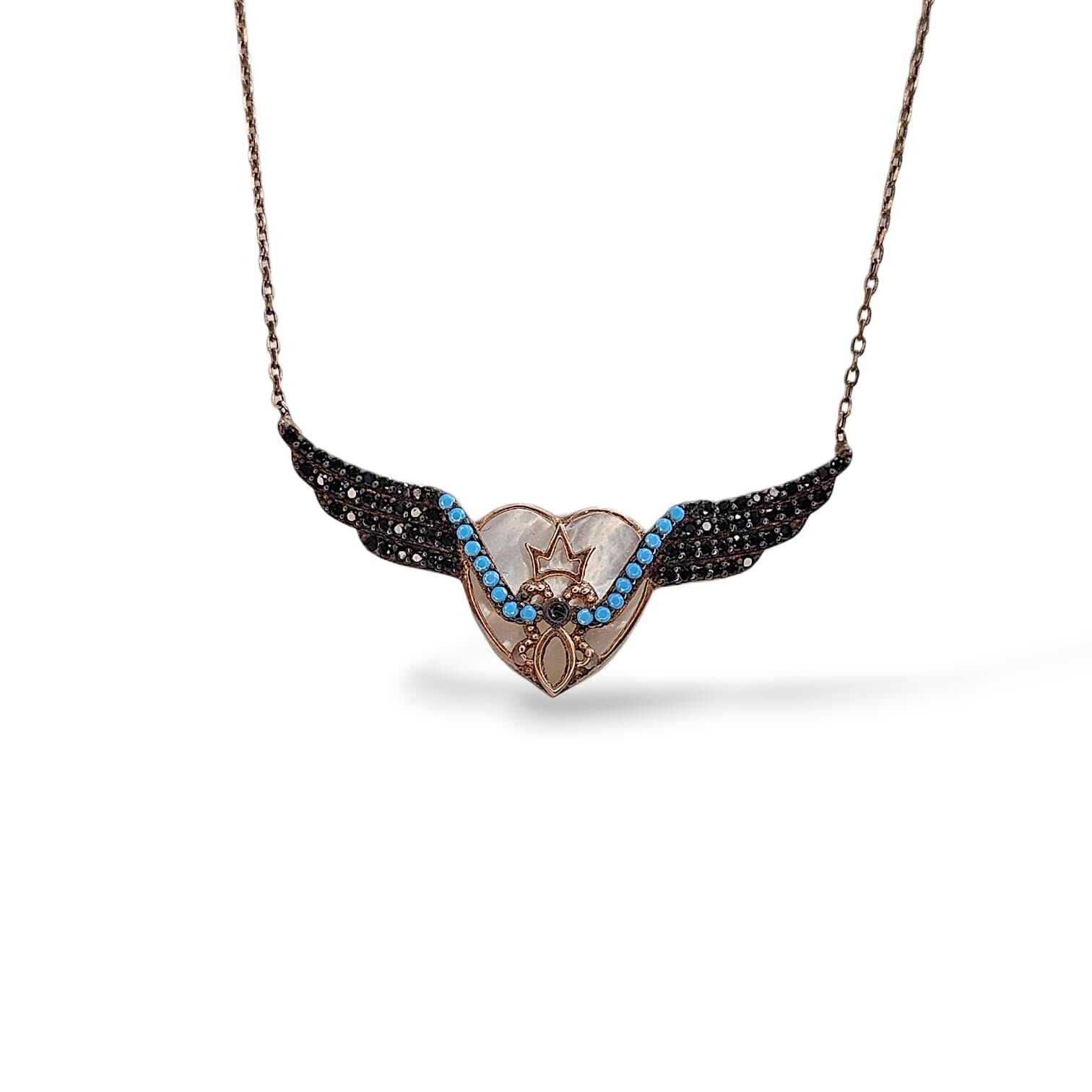 Kanat Model Siyah Zirkon Taş Orta Taş Sedef Rose Kaplama Gümüş Kolye