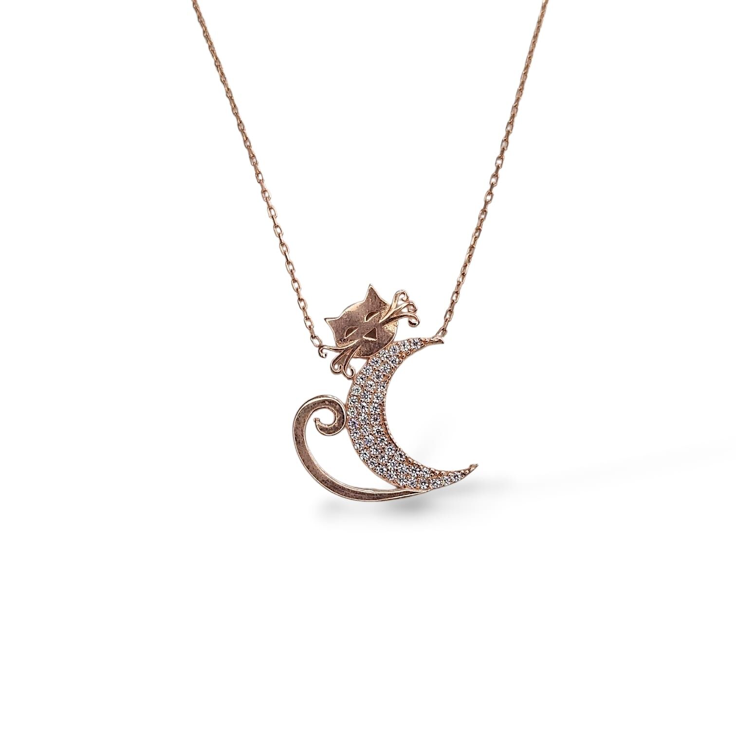 Kedi Figürlü Zirkon Taşlı Rose Kaplama Gümüş Kolye