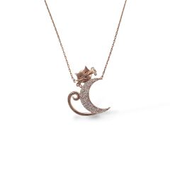 Kedi Figürlü Zirkon Taşlı Rose Kaplama Gümüş Kolye