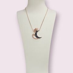 Kedi Figürlü Siyah Zirkon Taşlı Rose Kaplama Gümüş Kolye