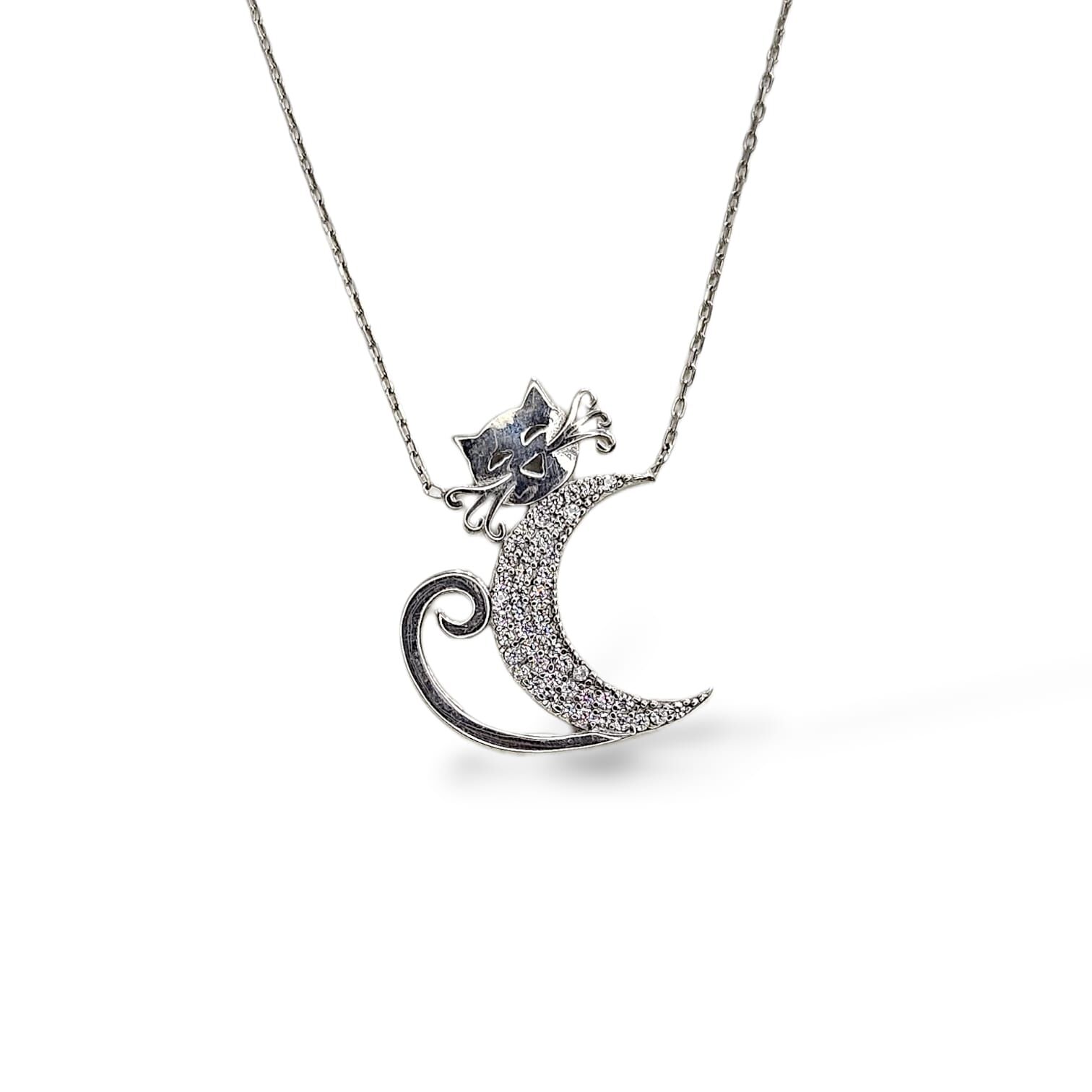 Kedi Figürlü Zirkon Taşlı Gümüş Kolye